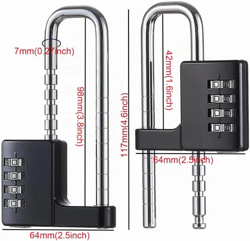 Vista 2 de Candado en forma de U de acero inoxidable, cerradura de combinación con grillete largo ajustable para exteriores, escuela, gimnasio, taquillas