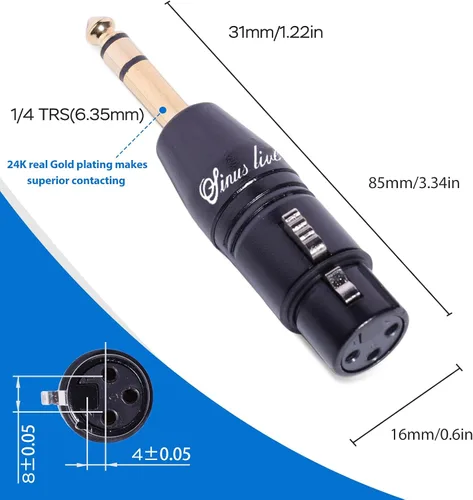 Vista 2 de SINUS LIVE 4 paquetes de 24 quilates de oro real XLR hembra macho a adaptador TRS de 1/4 pulgadas, XLR equilibrado a cuarto de pulgada