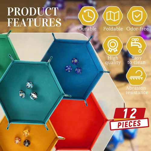 Vista 4 de 12 bandejas de dados a granel para rodar, portátil, plegable, hexagonal, bandeja fuerte, portátil, de piel sintética, terciopelo para juegos como