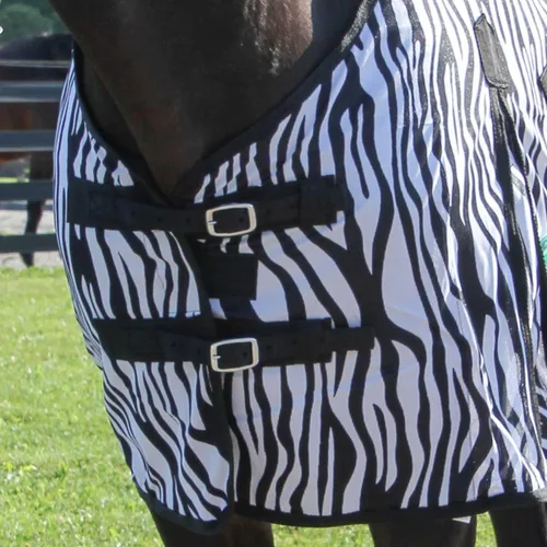 Vista 4 de Country Pride Sábana de malla suave con estampado de cebra para caballos, protección contra insectos de verano, doble hebilla frontal ajustable