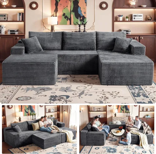 Vista 14 de Sofá modular negro de 108 pulgadas con otomana, sofá en forma de U en forma de nube para sala de estar, no necesita montaje, tela de pana de felpa