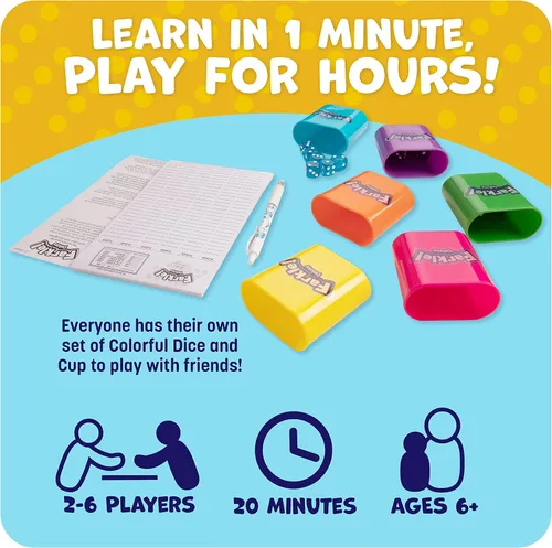 Vista 4 de El juego de dados Farkle Deluxe incluye 36 dados coloridos, 6 cubiletes, bandeja de lanzamiento y hojas de puntuación. El clásico juego de dados