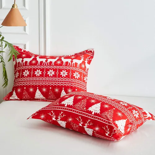 Vista 7 de Joyreap Juego de funda de edredón de Navidad de 3 piezas, patrón de copo de nieve y árbol de renos rojos y blancos, microfibra suave y transpirable