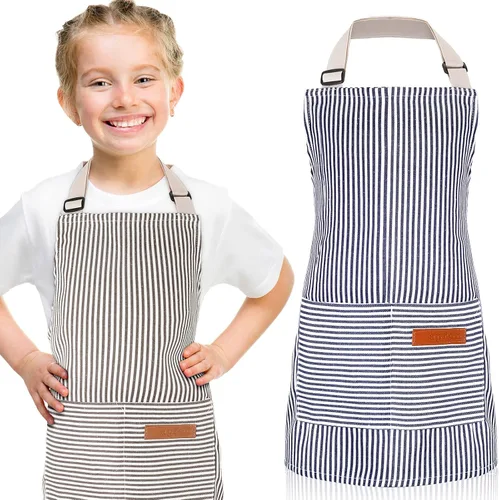 Vista 7 de Jiuguva 2 piezas de delantal para niños ajustable de algodón para niños pequeños con rayas de chef con 2 bolsillos para hornear para niños