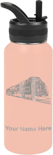 Vista 72 de LaserGram Botella de agua personalizada, tren de carga, acero inoxidable de doble pared aislada al vacío con popote superior, regalo grabado Negro
