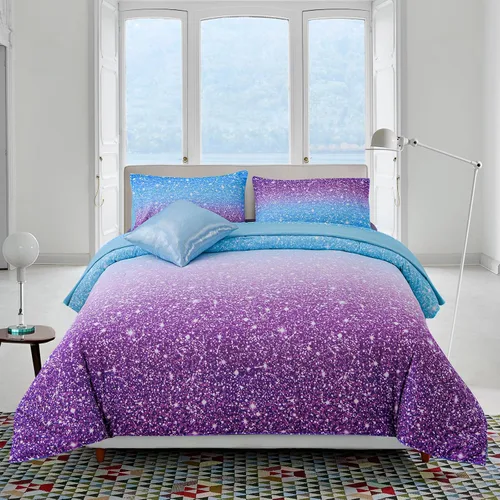 Vista 19 de A Nice Night Juego de ropa de cama de 6 piezas con purpurina degradada para niñas, tamaño completo, juego de edredón colorido de galaxia arcoíris