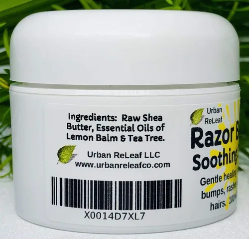 Vista 3 de Urban ReLeaf Salva calmante RAZOR BUMP! 1 oz. Calma rápidamente golpes, erupciones, pelos encarnados y quemaduras de afeitar. 100% natural, vegano.