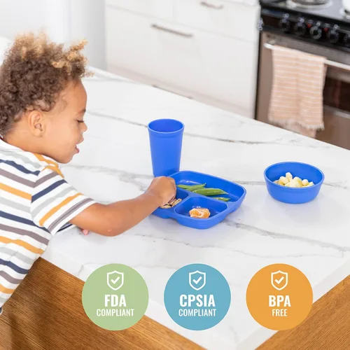 Vista 6 de ECR4Kids My First Meal Pal Combo Set, Vajilla Infantil, Azul, 15 Piezas (Paquete de 4)