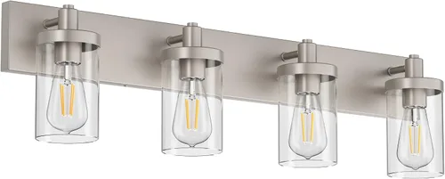 Vista 19 de Aipsun Accesorios de iluminación de tocador de baño, luz cromada, 2 luces, luz de baño de acero inoxidable con pantalla de vidrio transparente