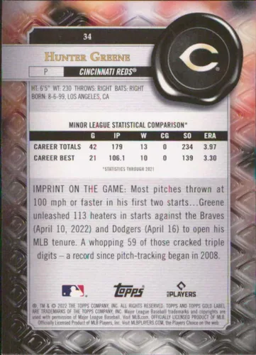 Vista 2 de 2022 Topps Gold Label Class 1#34 Hunter Greene Cincinnati Reds Rookie Baseball Card - GotBaseballCards