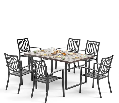 Vista 24 de SUNSHINE VALLEY Juego de 7 sillas de comedor para patio, material metálico, 6 sillas de comedor de color teca rectangular con agujero para sombrilla