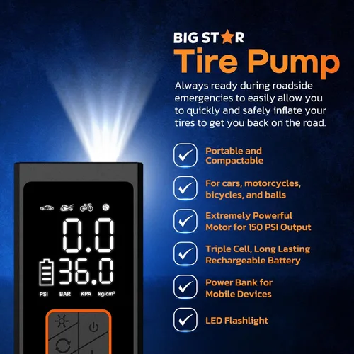 Vista 7 de Compresor de aire portátil para inflador de neumáticos, 150 PSI, indicador digital, luz LED de apagado automático para automóvil, SUV, motocicleta