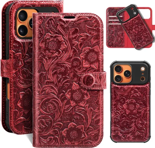 Vista 54 de Funda de cuero compatible con iPhone 16 Pro Max Cartera 6.9", cuero genuino 2 en 1, magnética, desmontable, a prueba de golpes, funda tipo folio