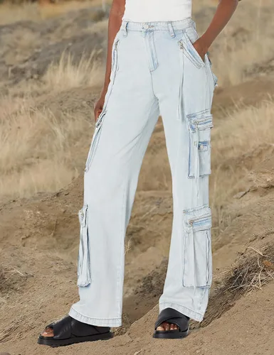 Vista 3 de BLANKNYC Ropa de lujo para mujer, de gran tamaño, con bolsillo tipo cargo, jaula, Tencel, pantalones cargo de mezclilla, cómodos y elegantes
