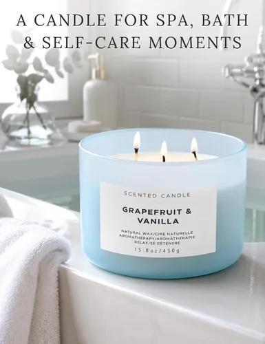 Vista 4 de Vela de soja de 3 mechas de vainilla de pomelo Vela perfumada grande de 15.8 onzas para el hogar Vela de aromaterapia altamente perfumada