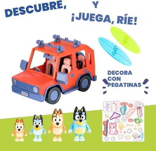 Vista 3 de Bluey Heeler - Coche de juguete familiar 4WD para niños pequeños con 4 figuras, tablas de surf y hoja de calcomanías, juego de simulación, juguetes