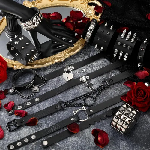 Vista 6 de Cunno Juego de 13 pulseras de collar gótico de estilo steampunk para Halloween, estilo steampunk, collar gótico, gargantilla para mujer, ajustable