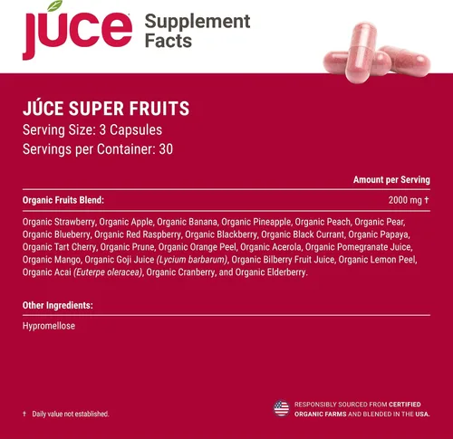 Vista 8 de Terra Kai Organics Juce Formula, Superfruta orgánica - Sin gluten/gelatina, sin soja y vegana- Cápsulas de superalimentos Rojos- 23 frutas