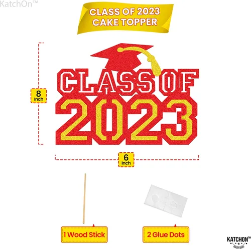 Vista 4 de KatchOn, Decoración para pastel de graduación con brillantina, enorme, 8 pulgadas, decoración de pastel de felicitaciones rojas de clase de 2023