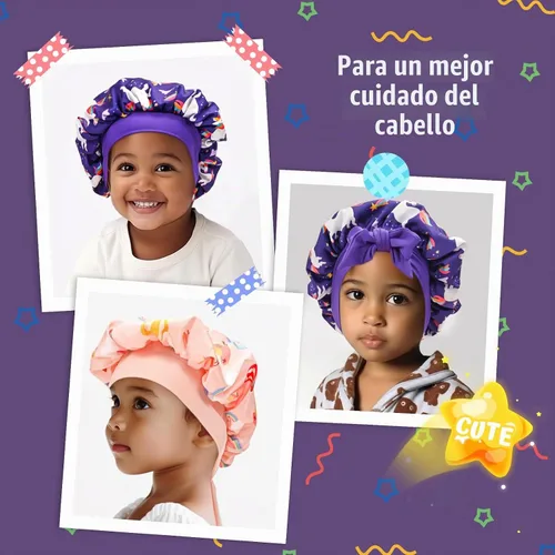 Vista 5 de Lolalet 2 piezas de cofias para niñas, cofia reversible de seda para dormir, cofia de satén con banda elástica ancha - Morado y Rosa A -Púrpura+Rosa