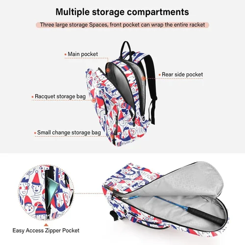 Vista 5 de Bolsa de tenis y bádminton lindo patrón resistente de personas cara feliz azul rojo deportes tenis bádminton bolsa para hombres mujeres tenis