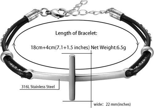 Vista 5 de Hipunk Pulsera de cuero para hombre – Pulsera trenzada de acero inoxidable negro con dije ajustable de protección multicapa para mujer, Cuero, Sin
