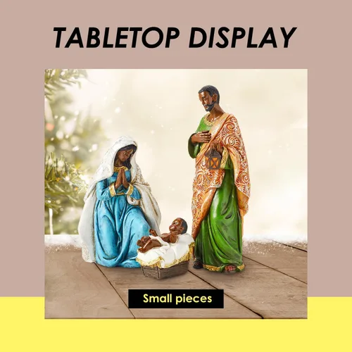 Vista 6 de Juego de Belén negro – Figuras de Navidad en miniatura de mesa de la Santa Familia – Juego de 3 figuras de polirresina pintadas a mano – María, José