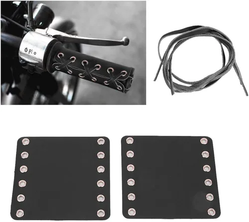 Vista 6 de Puños de manillar de motocicleta de cuero con calefacción 2 piezas con correa para la mayoría de motocicletas (negro)