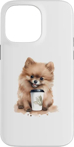 Vista 21 de iPhone 16 Pomerania perro con café estilo acuarela caso