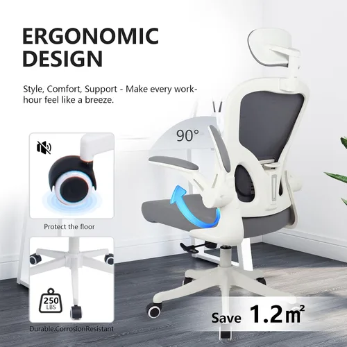 Vista 6 de Silla de escritorio ergonómica, soporte lumbar y reposacabezas 3D, silla de oficina en casa con respaldo de malla (gris)