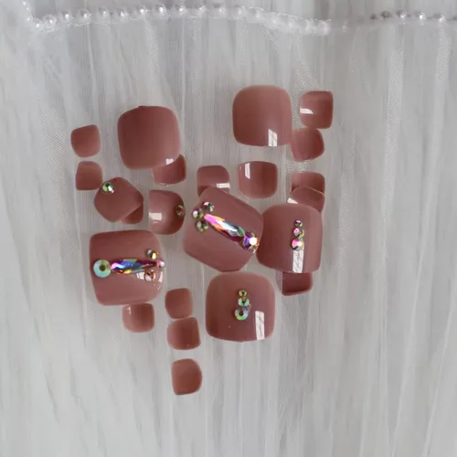Vista 5 de 24 uñas de los pies a presión color caqui para los dedos de los pies, elegantes y exquisitas piedras brillantes, uñas postizas para novias, puntas