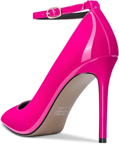 Vista 3 de DearOnly Zapatos de tacón para mujer, punta puntiaguda, correa de tobillo, tacón alto, charol de 4 pulgadas