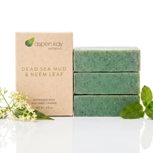 Vista 11 de Aspen Kay Naturals Jabón de barro y neem del Mar Muerto, con manteca de karité orgánica y aceite de oliva. Un maravilloso lavado facial de neem