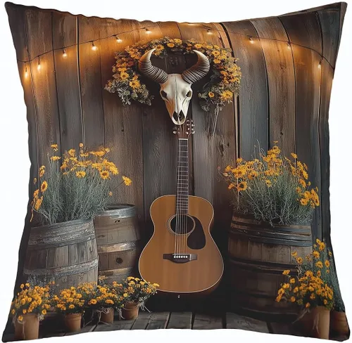 Vista 8 de Castle Fairy Cowboy Boots Throw Pillow Cover 16"x16" Bohemia Musical Guitar Pillowcase Western Rustic Cowgirl Reversible Print Cushion Cover Music