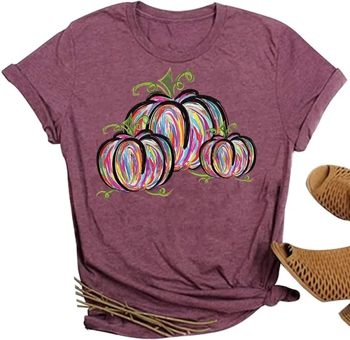 Vista 32 de Woffccrd - Camisetas divertidas con estampado de calabaza y leopardo para mujer, camisetas gráficas de manga corta de Halloween para mujer