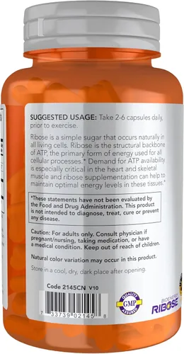 Vista 3 de NOW Sports Nutrition, D-Ribosa 750 mg, certificado sin OMG, producción de energía*, 120 cápsulas vegetales