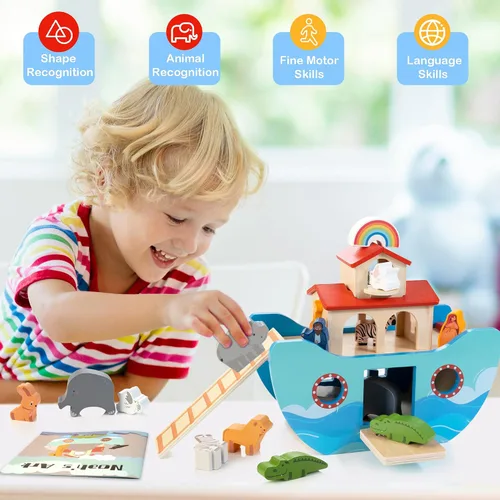 Vista 7 de JUSTWOOD Juego de Juguetes de Animales del Arca de Noé de Madera, Juguetes de Historia Bíblica Regalo de Bautismo para Niños y Niñas de 1+ Años