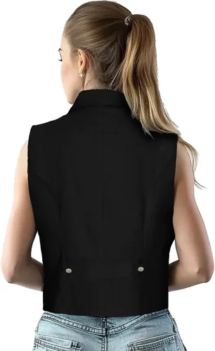 Vista 3 de Chaleco de mezclilla con solapa para mujer, chaleco con botones, chaleco azul
