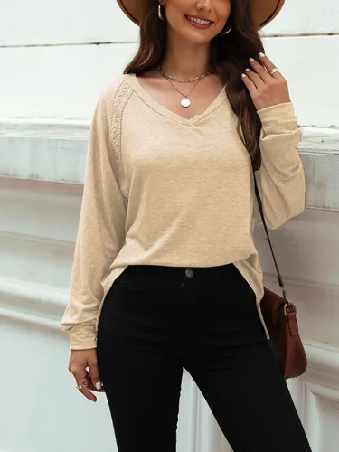 Vista 3 de Blusas de manga larga con cuello en V para mujer, blusas de gran tamaño con mangas de encaje sueltas de moda, estilo casual, para otoño
