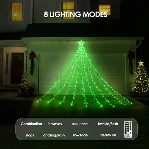 Vista 3 de WBao 344 luces LED de Navidad para decoración al aire libre con estrella de 12 pulgadas, luces de Navidad de cascada de 11.9 pies, control remoto, 8