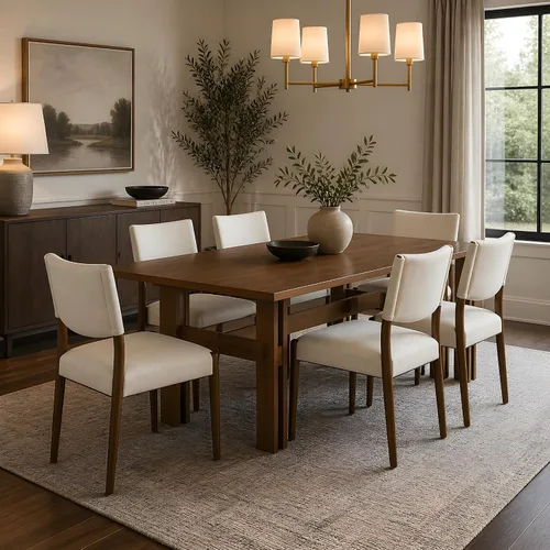 Vista 37 de Juego de mesa de comedor rústica de 6 piezas con mesa rectangular de caballete y 4 sillas tapizadas y banco, juego de mesa de comedor de cocina