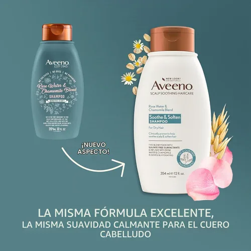 Vista 2 de Aveeno Champú de agua de rosas y manzanilla para cabello seco, hidratante