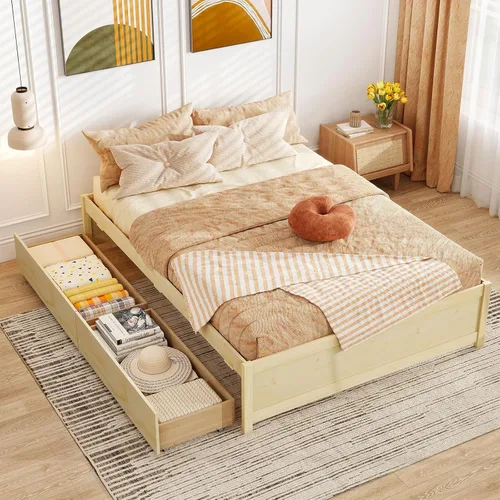 Vista 10 de Giantex Base de cama de plataforma de tamaño individual con 2 cajones de almacenamiento, marco de cama de madera maciza, base de colchón de soporte