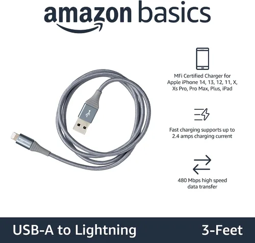 Vista 2 de Amazon Basics - Cable Lightning de nailon trenzado doble a USB, colección avanzada, cargador para iPhone certificado MFi