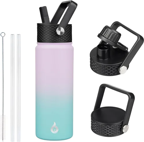 Vista 91 de BJPKPK Botellas de Agua Aisladas con Tapa de Pajita, Botella de Agua de Acero Inoxidable de 18oz, Termo Frío Caliente con 3 Tapas, Vaso de Viaje a