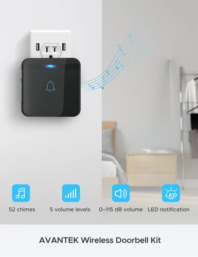 Vista 3 de AVANTEK Timbre inalámbrico, negro, 0.25watts, 3.00 volts 115 dB Volume, LED Flash, 52 Chimes, 1300 ft Full Home Range, Weatherproof, 3-Year