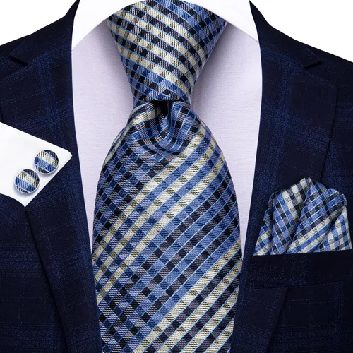 Vista 281 de Hi-Tie Corbata clásica de cachemira para hombre con pañuelo y gemelos a cuadros