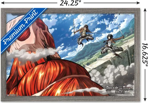 Vista 3 de Trends International Attack on Titan - Póster de pared de doble equipo, 14.725 x 22.375 pulgadas, versión enmarcada de madera de granero