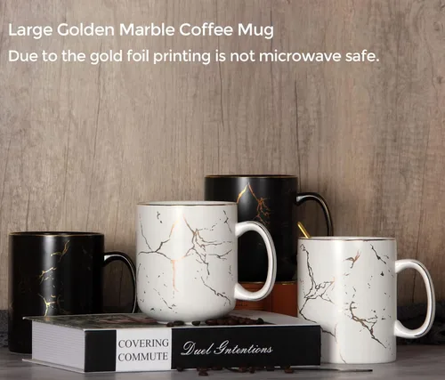Vista 7 de harebe Taza de Café de Cerámica Extra Grande de Mármol Negro Dorado de 22 OZ, Tazas de Latte Altas Extragrandes, Taza Gigante Grande para Hombres