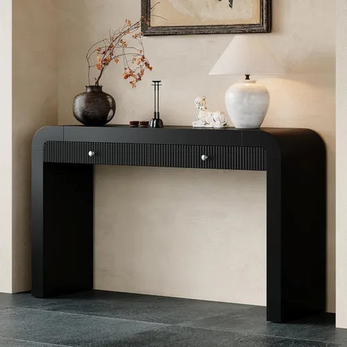 Vista 15 de Knocbel Mesa consola con 2 cajones ranurados, mesas de sofá modernas con curvas redondeadas únicas y superficie lisa para sala de estar, entrada, 55